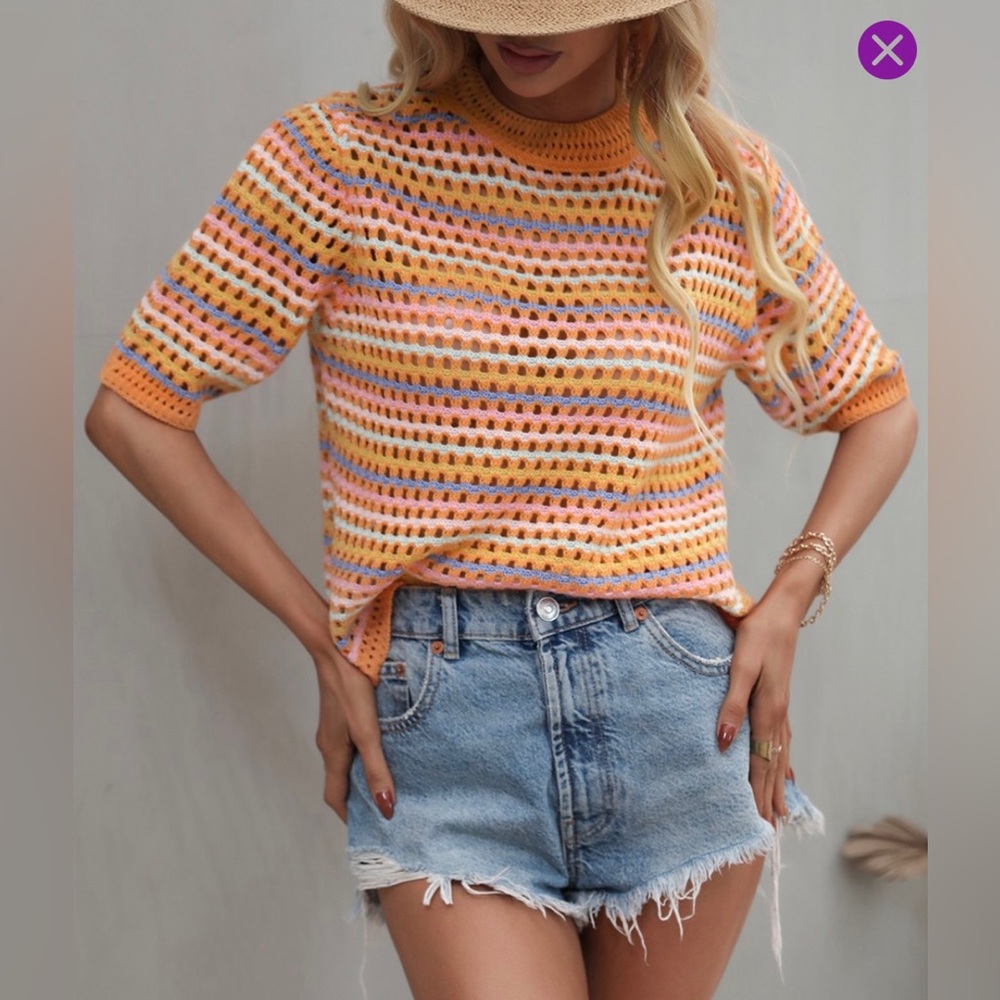 Orange and Pink Stripe Open Weave Short-Sleeve Crew Neck Top
